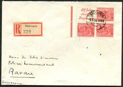 1950, 100 Jahre Briefmarke mit 3 x 20 Pf. Bauten rot, tadelloser ...