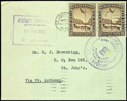 1931, 2 x 15 C. Flugpost auf Erstflugbrief von "St.Anthony-29.1.31" ...