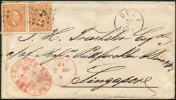 1877, 10 C. braunorange, waager. Paar "84", K1 "DELI" auf weißem ...