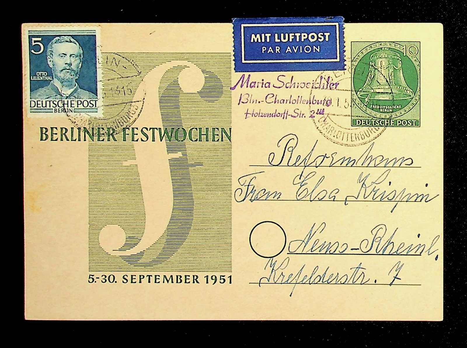 1951, 10 Pf. Glocke mit Zusatzfrankatur Nr. 92 als Luftpost ...