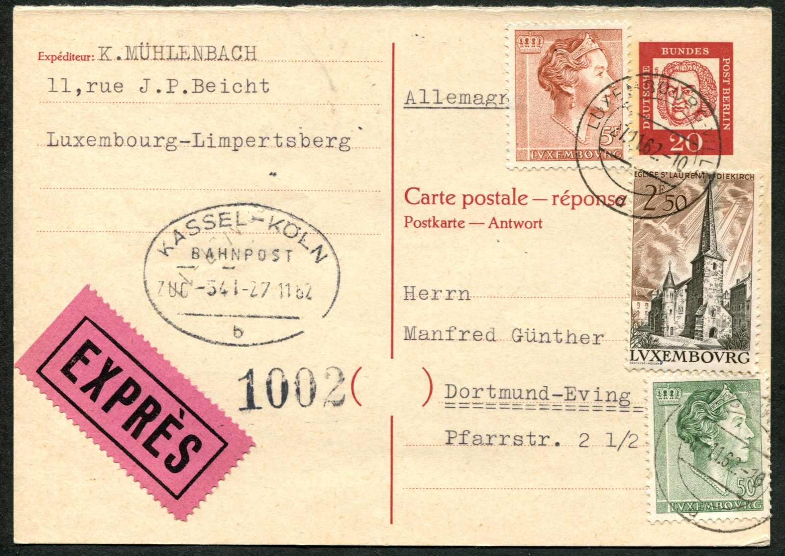 1962, 20 Pf. Bach, Antwort Ganzsachenkarte als Express mit 3 ...
