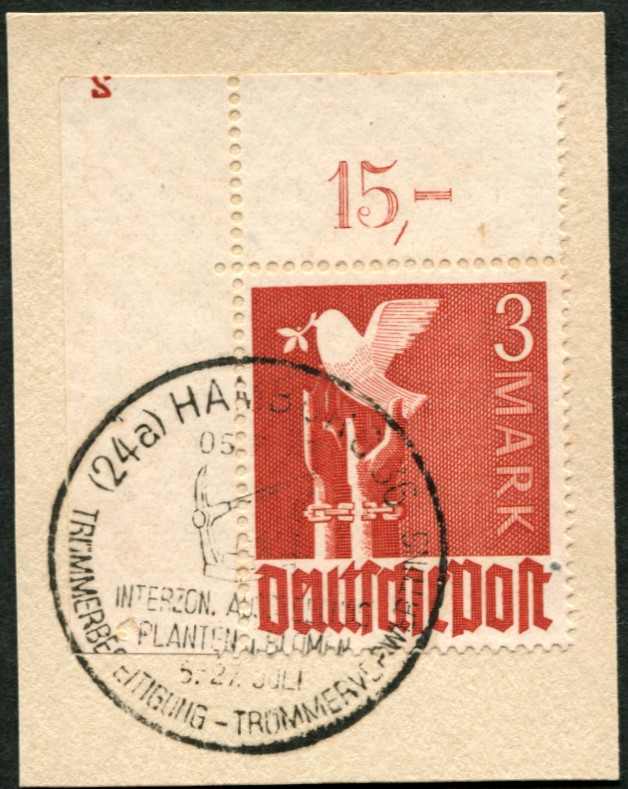 1947, 3 M. Taube, Eckrandmarke mit Plattennummer "2" auf Briefstück ...