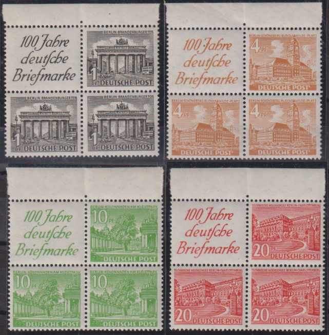 1949, Mi.S1/S4, bzw. W1/W5/W9/W13, alle 4 Viererblock-ZD sauber ...