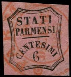 1857, 6 C. schwarz/rosa, breitrandig, seltener ROTER K2 "PARMA", ...