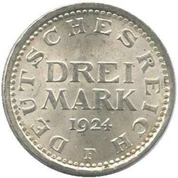 1924, Drei Mark Silber, Prägung "F", gute Erh. vzAutomatically ...