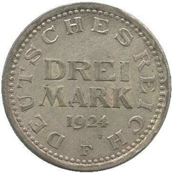 1924, Drei Mark, Prägung "F", leichte Patina, gute Erh. ...
