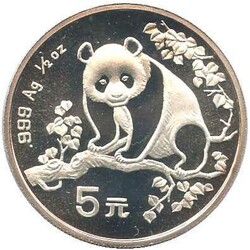 CHINA: 1993, 5 Yuan Panda, 1/2 Oz Silber in orig Kapsel, erste ...