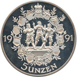1991, 5 Unzen Silber Medaille, 700 Jahre Eidgenossenschaft, gekapselt ...