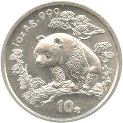 CHINA: 1997, 10 Yuan, 1 oz Silber, Panda, in Kapsel und Folie ...