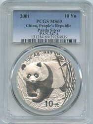 China: 2001, 10 Yuan Panda Silber, 1 Oz., large date, in PCGS-Box ...