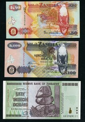 Zambia and Zimbabwe 3 banknotes incl. fifty trillion dollar