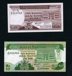 Mauritius 5 banknotes incl. Eliz.II, 10 Rupees AUNC