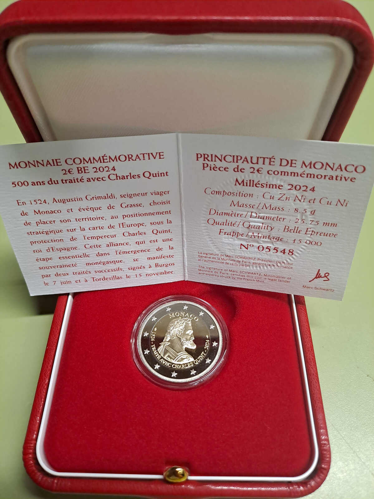 MONACO - 2 € Vertrag mit Charles Quint 2024, Sondermünze, tadellos ...