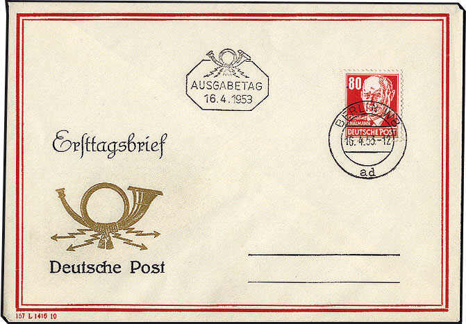 80 Pfg. Persönlichkeiten auf FDC der Versandstelle "Berlin W8 16.4 ...