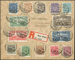 Freimarken 1920 auf dekorativem R-Satzbrief "Wyk 12.2.20"