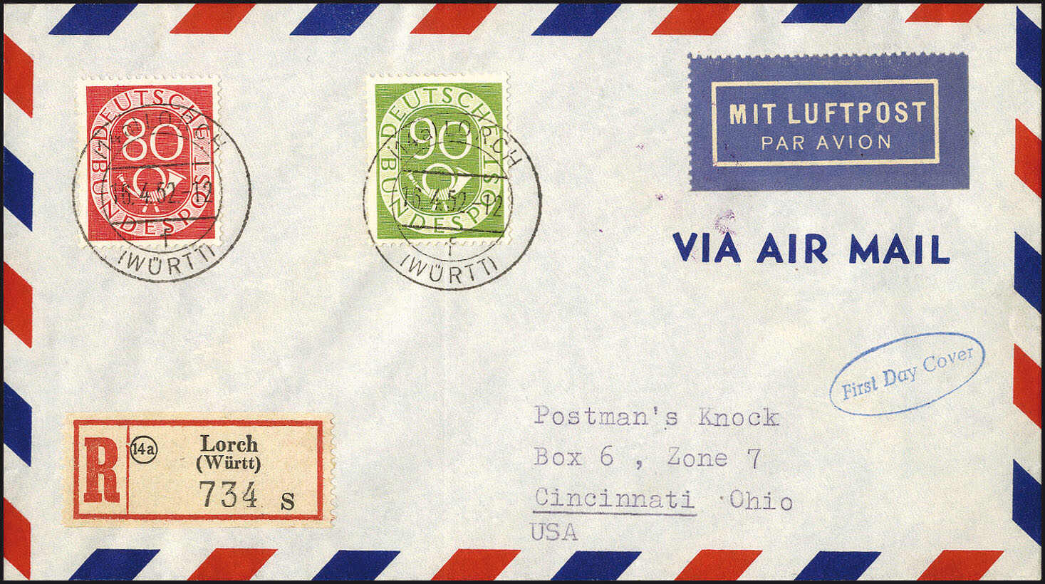 80 u. 90 Pfg. Posthorn 1951 auf sauberem R-Luftpost-Ersttagsbrief, ...