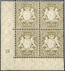 3/5 Mk. Wappen 1900 x-Papier je im Eckrand-4er-Block unten links mit ...