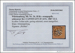 18 Kr. orangegelb, sehr farbfrisch, minimal eckrund ansonsten gut ...