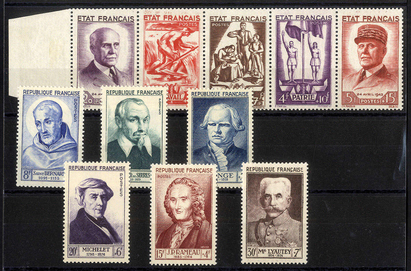 Petain 1943 im 5er-Streifen sowie Persönlichkeiten 1953 tadellos **. ...