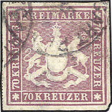 70 Kr. rotlila 1873 allseits weisse Ränder, an 2 Seiten mit Teilen ...