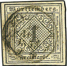 1 Kr. schwarz a. sämisch auf mittelgraugelbem Seidenpapier in Type ...
