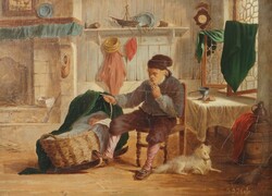 Hess, J. J. Maler des 19. Jh. ''Mann mit Wiege'', Interieurszene, ...