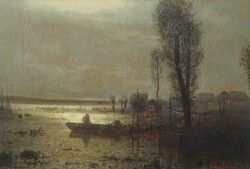Französischer Maler des 19. Jh. ''Nächtlicher Flusslauf'', Blick ...