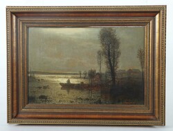 Französischer Maler des 19. Jh. ''Nächtlicher Flusslauf'', Blick ...