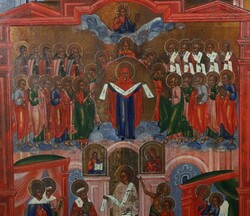 Ikone Muttergottes Pokrow Russland, 19. Jh., mehrfigurige Ikone mit ...