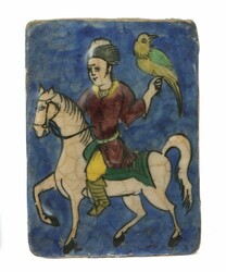 Bildfliese Persien, Iznik, Qajar Keramik, relieferte Front mit Reiter ...