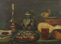 Maler des 19. Jh. ''Vesperstillleben'', gedeckter Tisch mit ...