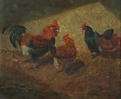 Maler des 19. Jh. ''Hühner im Stall'', ein Hahn und 3 Hennen im ...