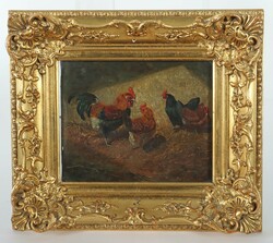 Maler des 19. Jh. ''Hühner im Stall'', ein Hahn und 3 Hennen im ...
