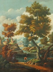 Maler des 19. Jh. ''Ideallandschaft mit Angler'', Darstellung mit ...