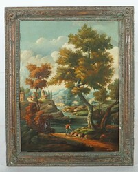 Maler des 19. Jh. ''Ideallandschaft mit Angler'', Darstellung mit ...