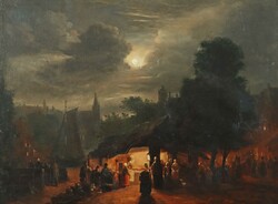 Maler des 19. Jh. ''Nachtmarkt'', Blick auf eine Hafenstadt bei Nacht ...