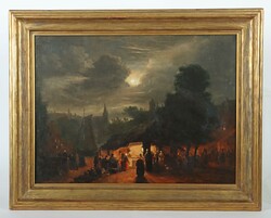 Maler des 19. Jh. ''Nachtmarkt'', Blick auf eine Hafenstadt bei Nacht ...