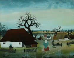 Cubela, S. Maler des 20. Jh., ''Vorfrühling'', naive Dorfszene mit ...