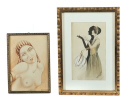 Maler des 20. Jh. Paar Art Déco-Frauen: ''Frau mit Kopftuch'', unten ...