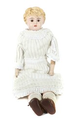 Blechkopfpuppe Minerva, um 1900, modelliertes Haar, Glasaugen in ...