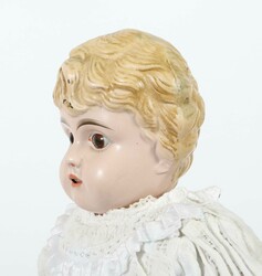 Blechkopfpuppe Minerva, um 1900, modelliertes Haar, Glasaugen in ...