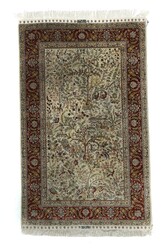 Signierter Paradiesgarten-Seidenteppich um 1980, Seide auf Seide, das ...