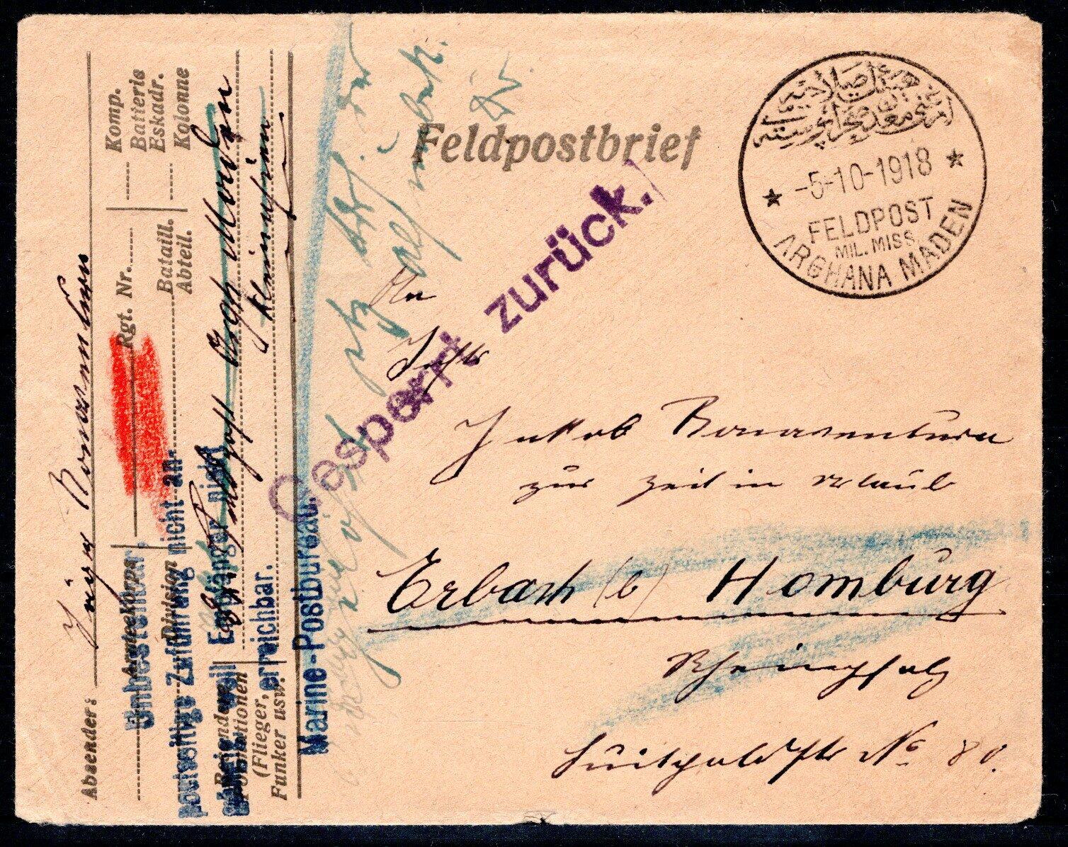 "Arghana Maden 5.10.1918", Feldpostbrief mit sehr selt. ...