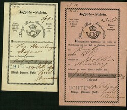 1839-68, "UCHTE", 6 verschiedene Post-Einlieferungsscheine, ...