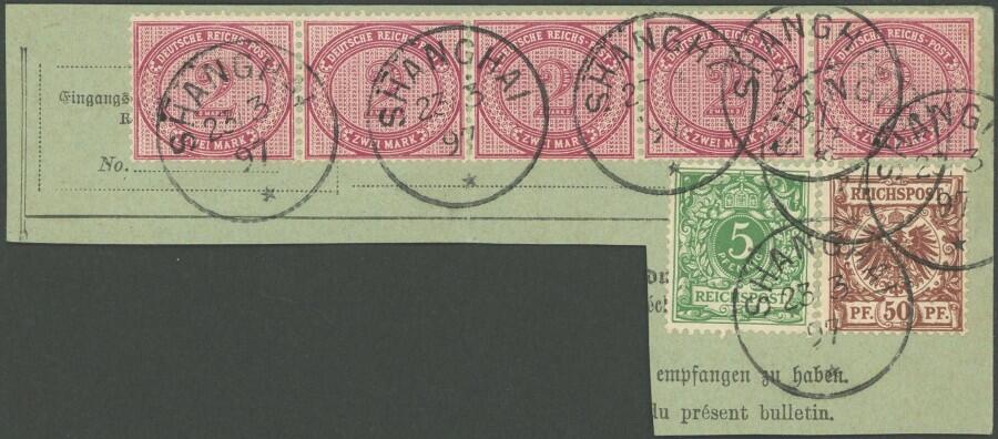 1897, Paketkartenabschnitt mit Fünferstreifen 2 M. und 5 und 50 Pf., ...