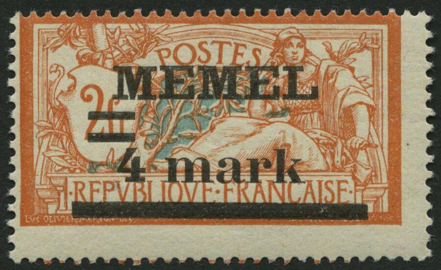 1920, 4 m. auf 2 Fr. rötlichorange/hellgrünlichblau, Type I, mit ...