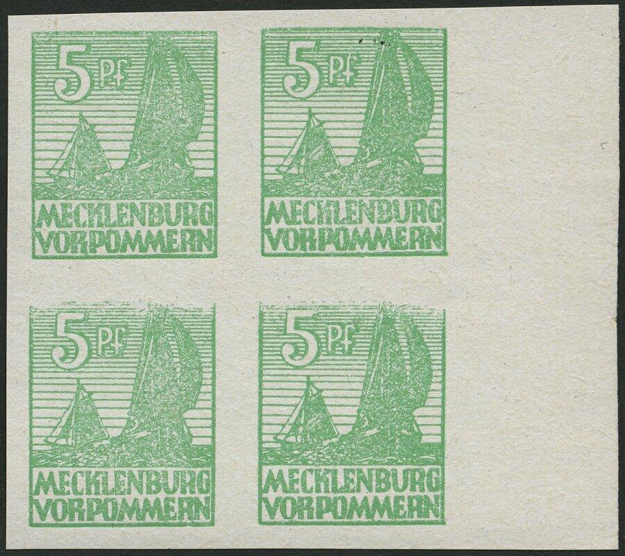 1946, 5 Pf. mittelgrün, Kreidepapier, im Randviererblock, dabei Feld ...