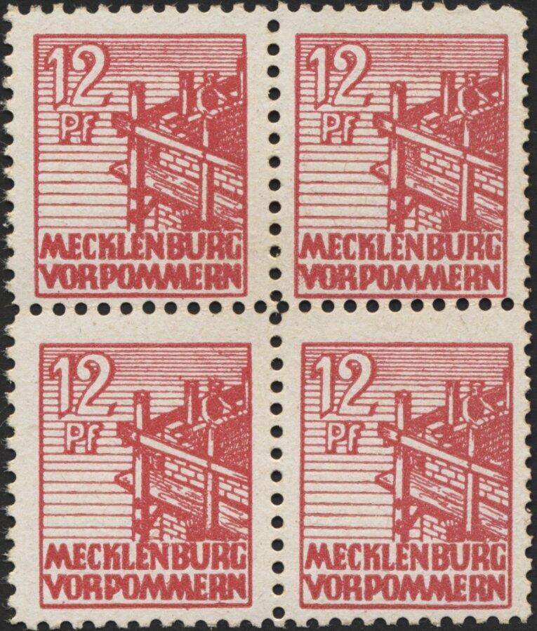 1946, 12 Pf. lebhaftbraunrot, Kreidepapier, im Viererblock, ...