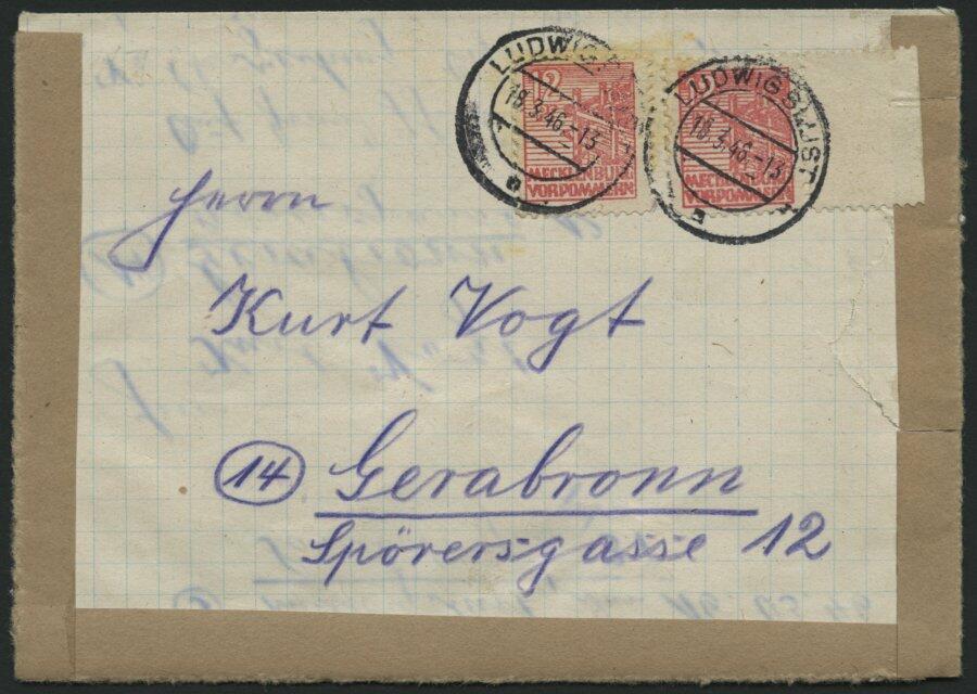 1946, 12 Pf. mittelrosa, graues Papier, 2x als Mehrfachfrankatur auf ...