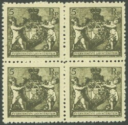 1921, 5 Rp. schwarzbräunlicholiv, gezähnt L 12½, im Viererblock, ...